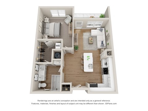 a 3d floor plan of a 1 bedroom apartment